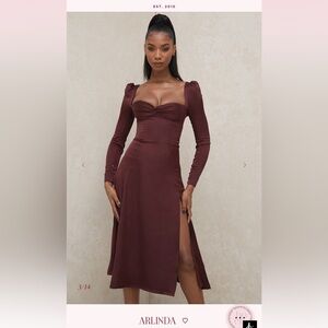 House of CB Arlinda Satin Puff Sleeve Midi Dress in Burgundy Size L